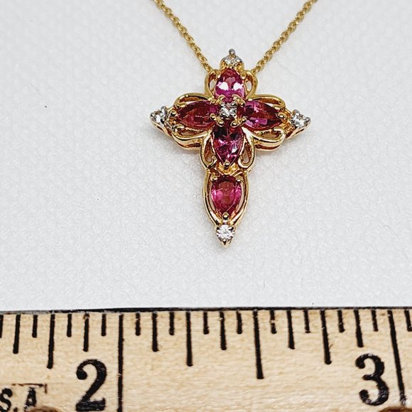 Natural Rubellite & White Zircon cross pendant necklace in 14K YG/925SS 20 inch - Picture 3 of 6